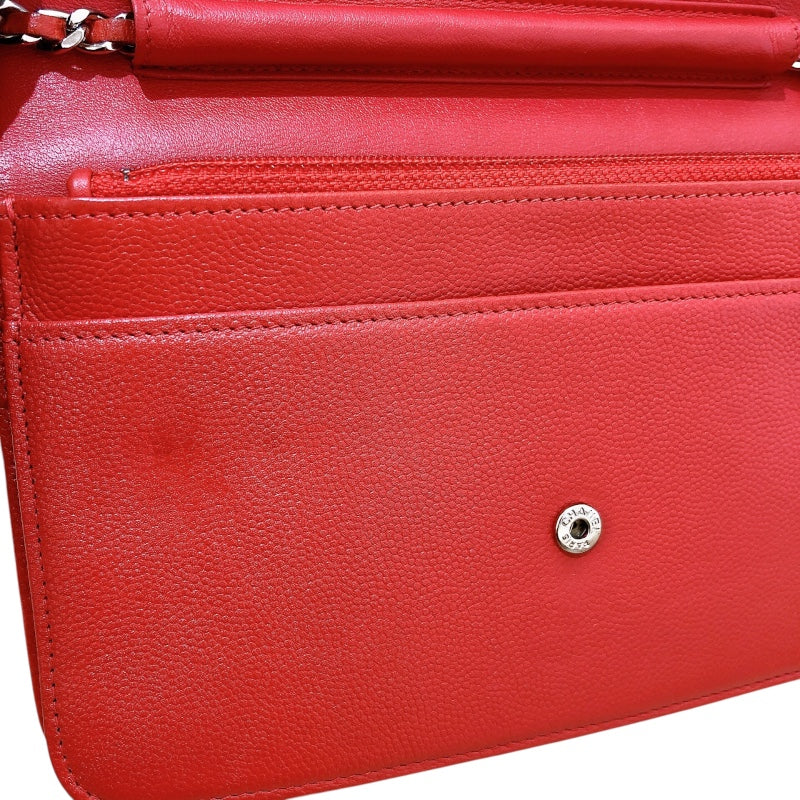 シャネル CHANEL チェーンウォレット レッド シルバー金具 キャビアスキン レディース ショルダーバッグ