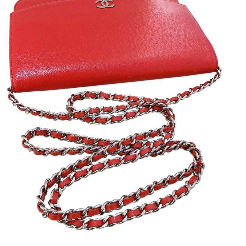 シャネル CHANEL チェーンウォレット レッド シルバー金具 キャビアスキン レディース ショルダーバッグ
