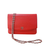 シャネル CHANEL チェーンウォレット レッド シルバー金具 キャビアスキン レディース ショルダーバッグ