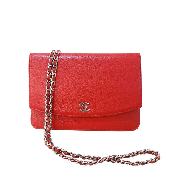 シャネル CHANEL チェーンウォレット レッド シルバー金具 キャビアスキン レディース ショルダーバッグ