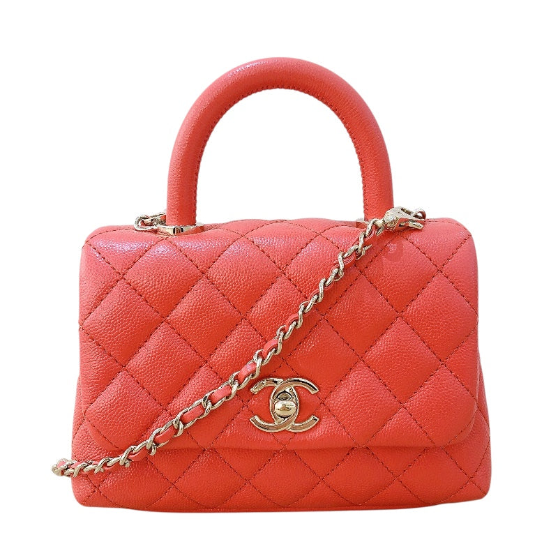 シャネル CHANEL ココハンドルXXS AS2215 オレンジ　ゴールド金具 キャビアスキン レディース ショルダーバッグ