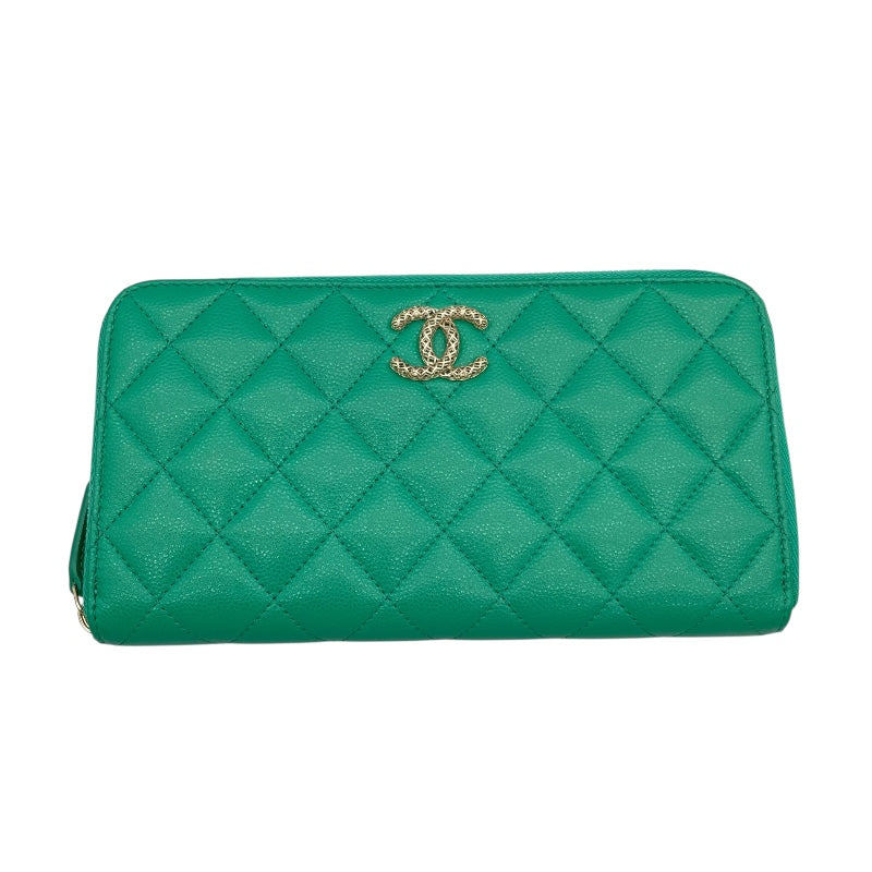 シャネル CHANEL マトラッセラウンドジップ グリーン キャビアスキン レディース 二つ折り財布