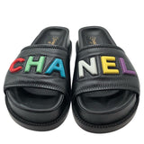 シャネル CHANEL マルチカラーロゴレザーフラットサンダル Q38933 レザー レディース サンダル
