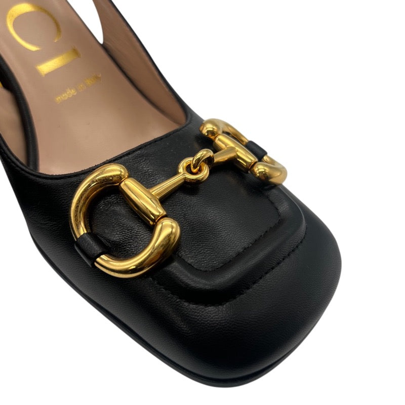 グッチ GUCCI ホースビット ヒールサンダル 643892 ブラック×ゴールド― レザー レディース サンダル