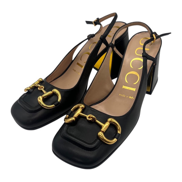 グッチ GUCCI ホースビット ヒールサンダル 643892 ブラック×ゴールド― レザー レディース サンダル