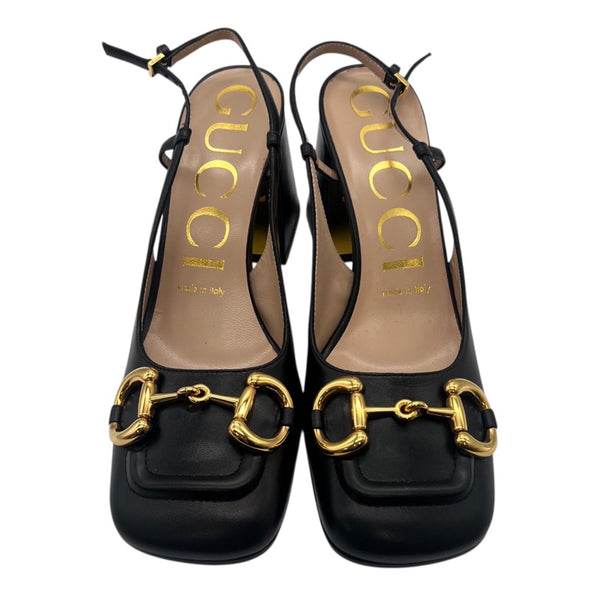 グッチ GUCCI ホースビット ヒールサンダル 643892 ブラック×ゴールド― レザー レディース サンダル