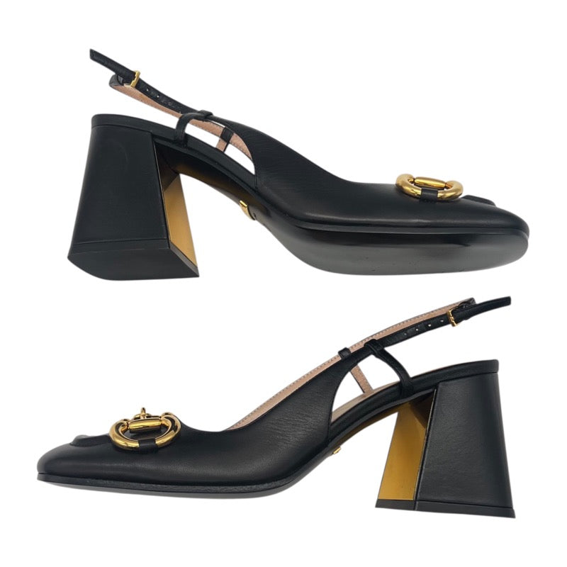 グッチ GUCCI ホースビット ヒールサンダル 643892 ブラック×ゴールド― レザー レディース サンダル