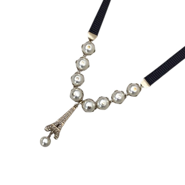 クリスチャン・ディオール Christian Dior PLANDEPARIS チョーカー ブラック・ゴールド メタル　ラインストーン　パール　GD アクセサリー