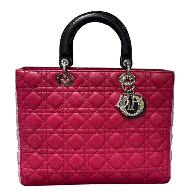 クリスチャン・ディオール Christian Dior レディディオールラージ ピンク×ブラック シルバー金具 カナージュラム レディース ハンドバッグ