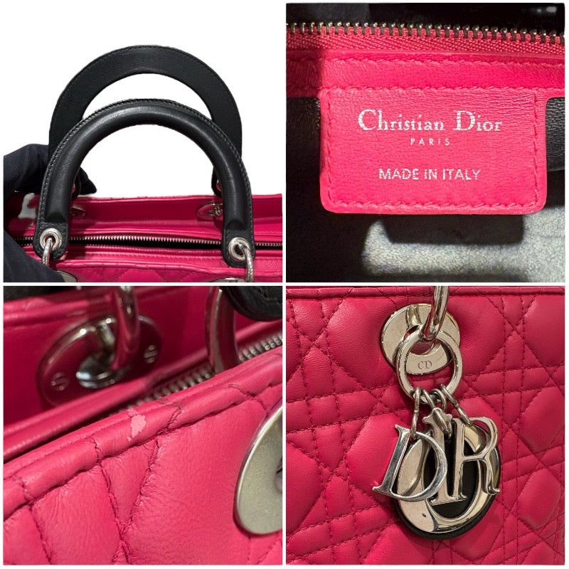 クリスチャン・ディオール Christian Dior レディディオールラージ ピンク×ブラック シルバー金具 カナージュラム レディース ハンドバッグ