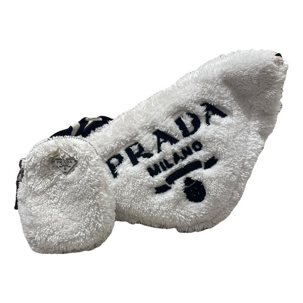 プラダ PRADA テリートライアングルロゴショルダー 1BH190 ホワイト コットン/レザー レディース ショルダーバッグ