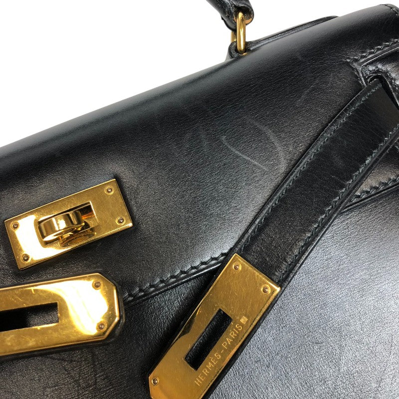 エルメス HERMES ケリー28 外縫い 〇Y刻 ブラック ゴールド金具 ボックスカーフ レディース ショルダーバッグ