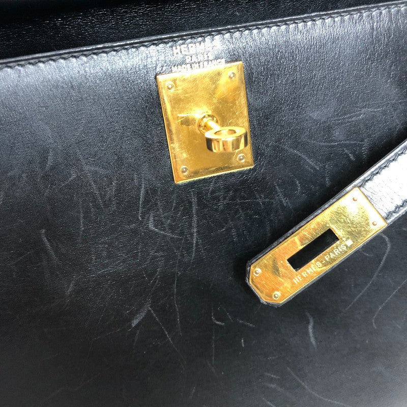 エルメス HERMES ケリー28 外縫い 〇Y刻 ブラック ゴールド金具 ボックスカーフ レディース ショルダーバッグ
