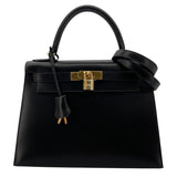 エルメス HERMES ケリー28 外縫い □F刻 ブラック/GD金具 ボックスカーフ レディース ショルダーバッグ