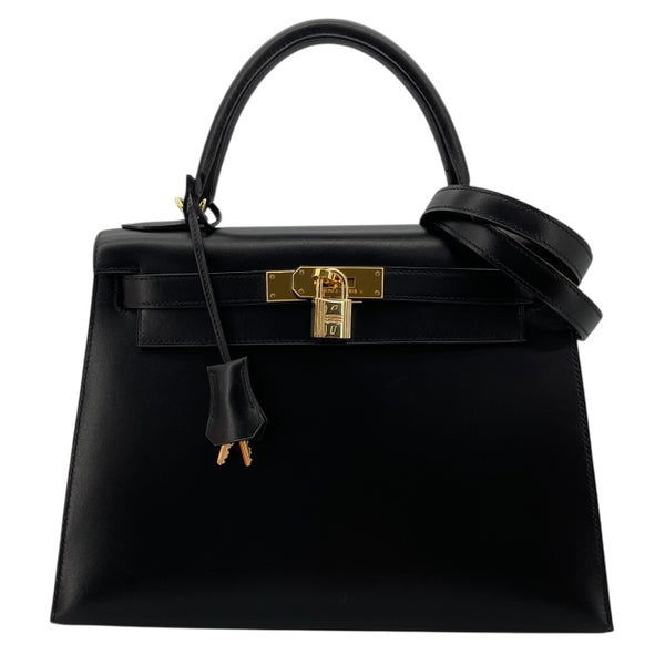 エルメス HERMES ケリー28 外縫い □F刻 ブラック/GD金具 ボックスカーフ レディース ショルダーバッグ