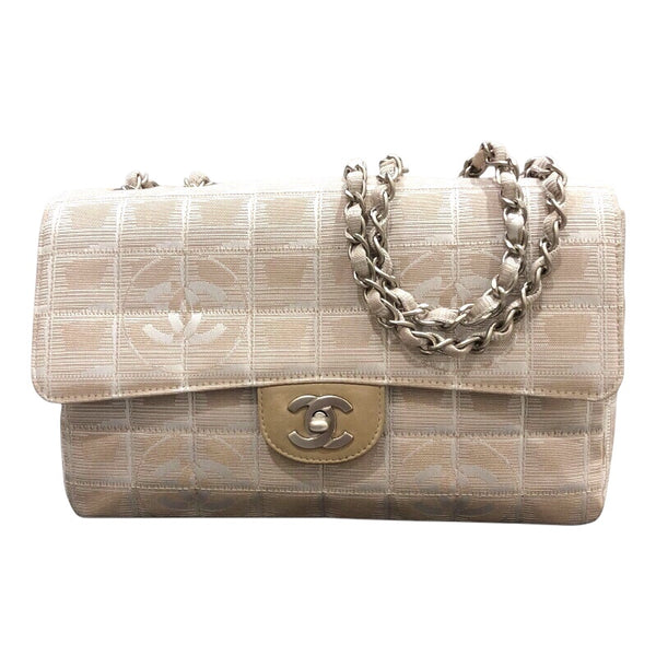 シャネル CHANEL ニュートラベルラインフラップバッグ A15285 ベージュ シルバー金具 ナイロンジャガード レディース ショルダーバッグ
