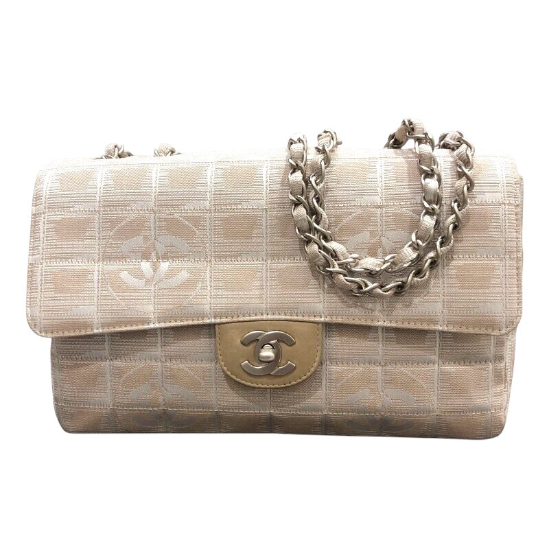 シャネル CHANEL ニュートラベルラインフラップバッグ A15285 ベージュ シルバー金具 ナイロンジャガード レディース ショルダーバッグ