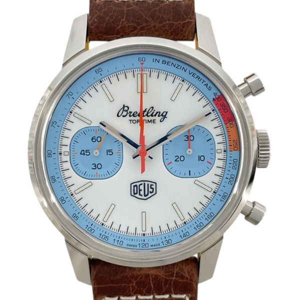 ブライトリング BREITLING トップタイム デウス リミテッドエディション A23311 ホワイト/ライトブルー SS/革ベルト 自動巻き メンズ 腕時計