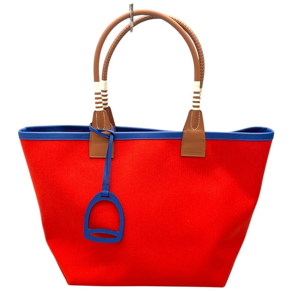 エルメス HERMES スティープル28 U刻 オレンジ/ブルー トワル レディース ハンドバッグ