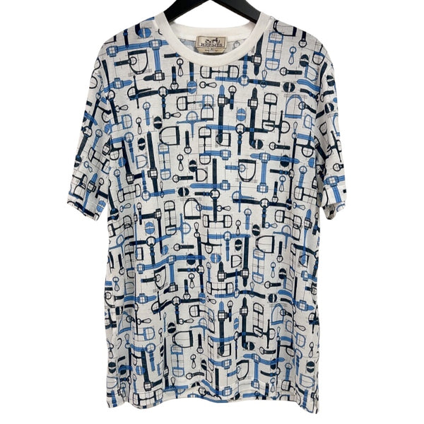 エルメス HERMES 総柄プリントTシャツ ホワイト/ブルー コットン メンズ 半袖Ｔシャツ