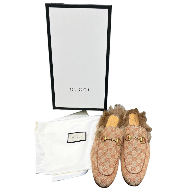 グッチ GUCCI プリンスタウン GGファー装飾ミュール ベージュ キャンバス/ファー メンズ その他靴