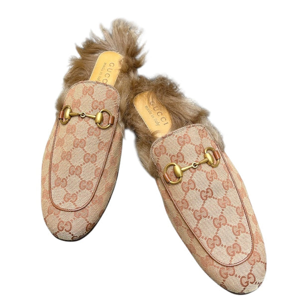 グッチ GUCCI プリンスタウン GGファー装飾ミュール ベージュ キャンバス/ファー メンズ その他靴