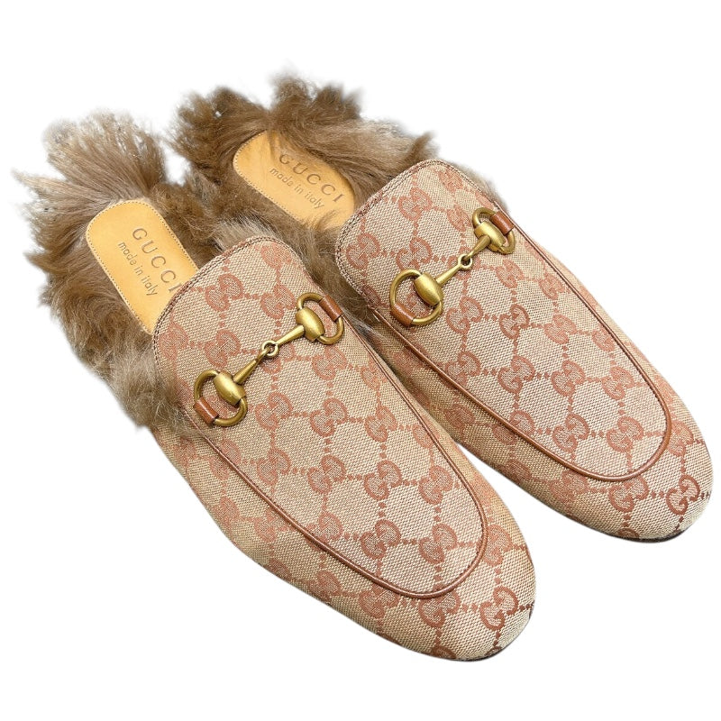 グッチ GUCCI プリンスタウン GGファー装飾ミュール ベージュ キャンバス/ファー メンズ その他靴