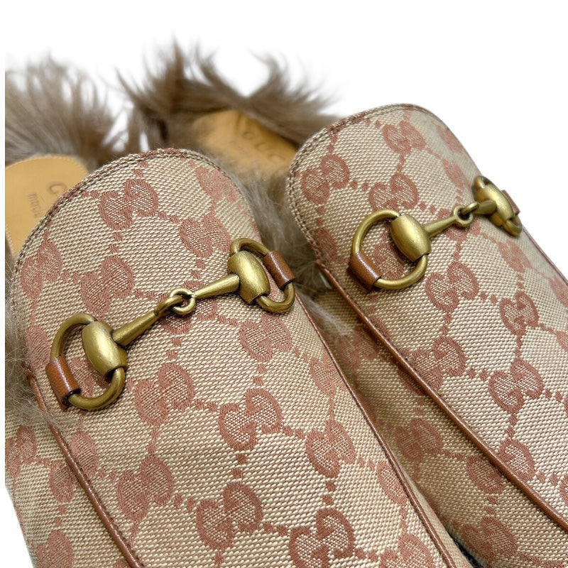 グッチ GUCCI プリンスタウン GGファー装飾ミュール ベージュ キャンバス/ファー メンズ その他靴