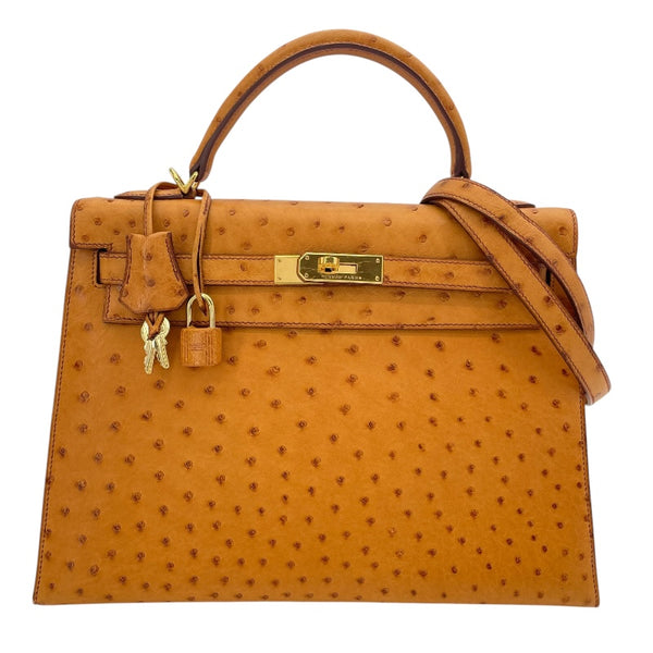 エルメス HERMES ケリー32　外縫い □I刻 サフラン　ゴールド金具 オーストリッチ レディース ショルダーバッグ