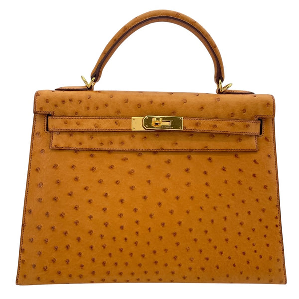 エルメス HERMES ケリー32　外縫い □I刻 サフラン　ゴールド金具 オーストリッチ レディース ショルダーバッグ
