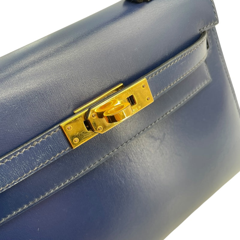 エルメス HERMES ミニケリー 〇Y刻 ブルーサフィール　ゴールド金具 ボックスカーフ レディース ショルダーバッグ