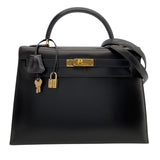 エルメス HERMES ケリー32　外縫い 〇X刻 ブラック　ゴールド金具 ボックスカーフ レディース ショルダーバッグ