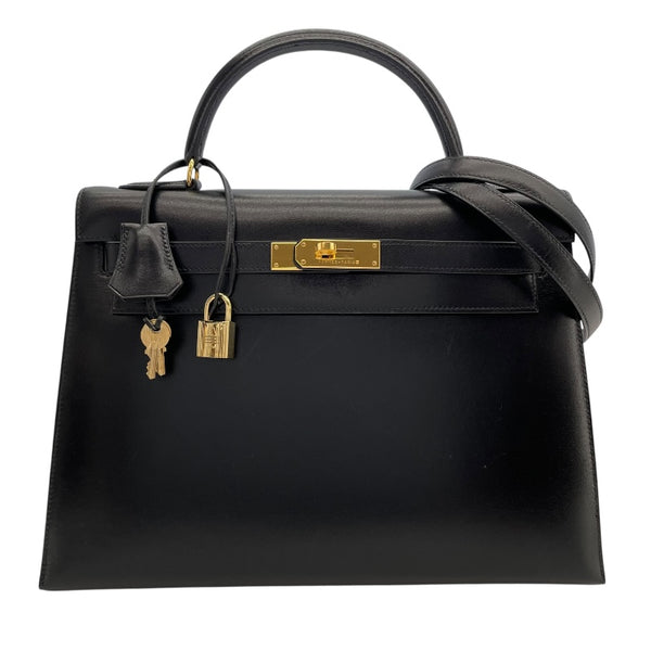 エルメス HERMES ケリー32　外縫い 〇X刻 ブラック　ゴールド金具 ボックスカーフ レディース ショルダーバッグ