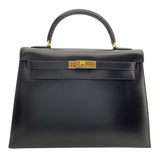 エルメス HERMES ケリー32　外縫い 〇X刻 ブラック　ゴールド金具 ボックスカーフ レディース ショルダーバッグ