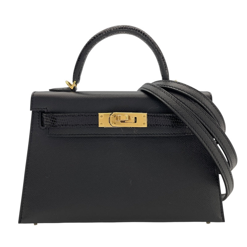 エルメス HERMES ミニケリー2タッチ外縫い W刻 ブラック　ゴールド金具 ヴォーマダム・リザード レディース ショルダーバッグ