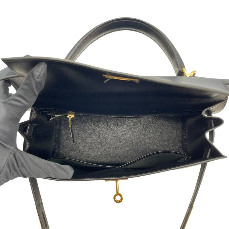エルメス HERMES ケリー28　外縫い □F刻 ブラック　ゴールド金具 ボックスカーフ レディース ショルダーバッグ