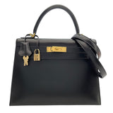 エルメス HERMES ケリー28　外縫い □F刻 ブラック　ゴールド金具 ボックスカーフ レディース ショルダーバッグ