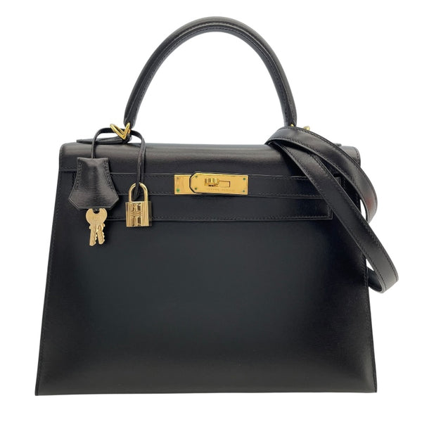 エルメス HERMES ケリー28　外縫い □F刻 ブラック　ゴールド金具 ボックスカーフ レディース ショルダーバッグ