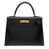 エルメス HERMES ケリー28　外縫い □F刻 ブラック　ゴールド金具 ボックスカーフ レディース ショルダーバッグ