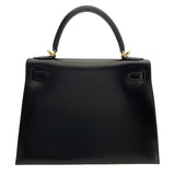 エルメス HERMES ケリー28　外縫い □F刻 ブラック　ゴールド金具 ボックスカーフ レディース ショルダーバッグ