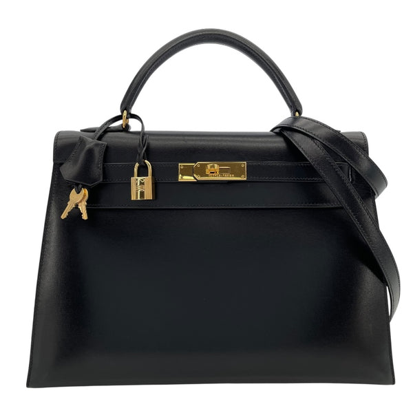 エルメス HERMES ケリー32 □Ｃ刻 ブラック　ゴールド金具 ボックスカーフ レディース ショルダーバッグ