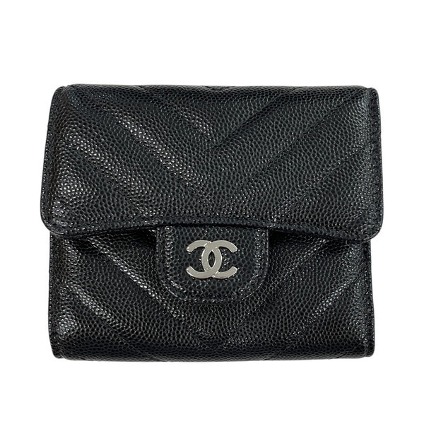 シャネル CHANEL ココマーク Vステッチ スモールウォレット AP0231 24番台 ブラック シルバー金具 キャビアスキン レディース 三つ折り財布