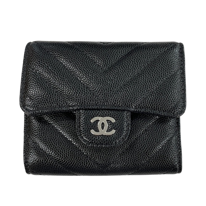 シャネル CHANEL ココマーク Vステッチ スモールウォレット AP0231 24番台 ブラック シルバー金具 キャビアスキン レディース 三つ折り財布
