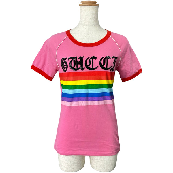 グッチ GUCCI スパンコールロゴ刺繍Tシャツ 461423 ピンク コットン