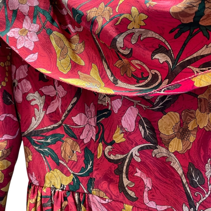 エルメス HERMES 花柄長袖ワンピース レッド シルク レディース ワンピース