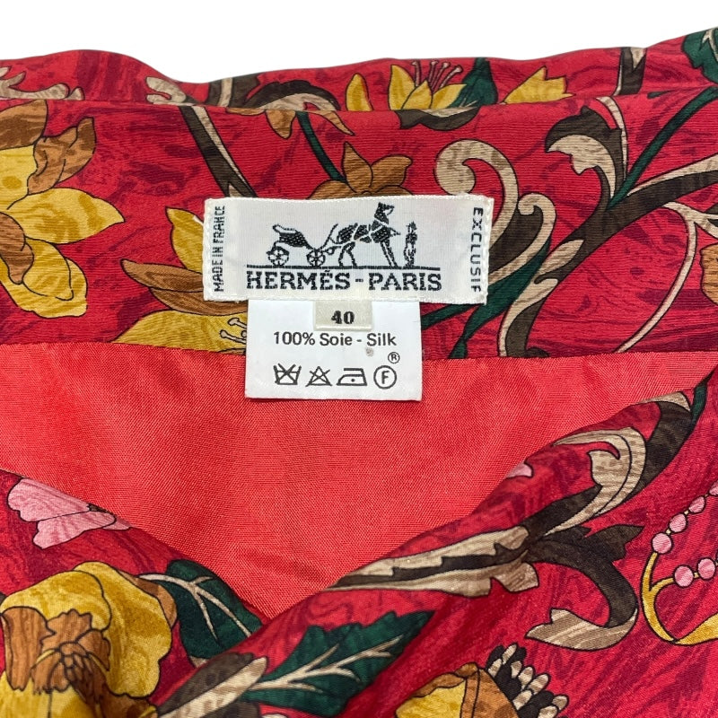 エルメス HERMES 花柄長袖ワンピース レッド シルク レディース ワンピース