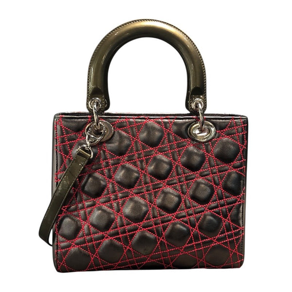 クリスチャン・ディオール Christian Dior レディディオールミディアム メタリックシルバー×カーキ ラム/エナメル レディース ハンドバッグ