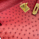 エルメス HERMES ケリー28 外縫い □K刻 ルージュヴィフ GD金具 オーストリッチ レディース ハンドバッグ