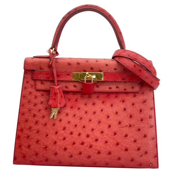 エルメス HERMES ケリー28 外縫い □K刻 ルージュヴィフ GD金具 オーストリッチ レディース ハンドバッグ