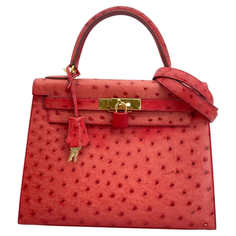 エルメス HERMES ケリー28 外縫い □K刻 ルージュヴィフ GD金具 オーストリッチ レディース ハンドバッグ
